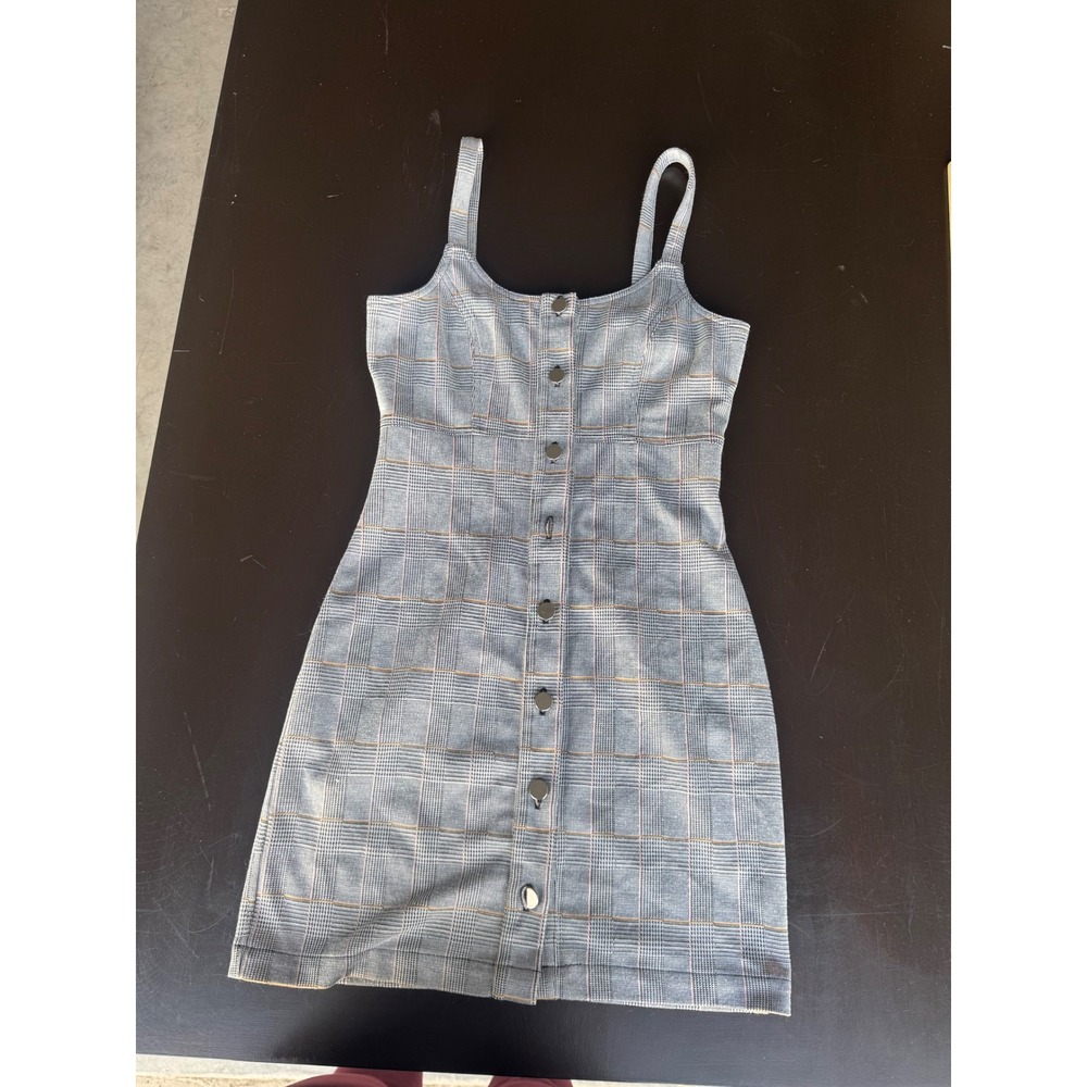 Love Fire Grey Plaid Button Down Mini Dress Sleeveless Bodycon Scoop Neck